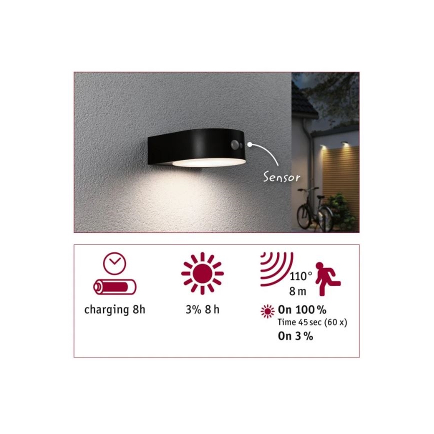 Paulmann 94570 - LED/5,5W IP44 Ηλιακό επιτοίχιο φωτιστικό με αισθητήρα EILEEN 3,7V 2000 mAh