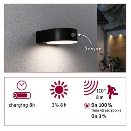 Paulmann 94570 - LED/5,5W IP44 Ηλιακή λάμπα τοίχου με αισθητήρα EILEEN 3,7V 2000 mAh