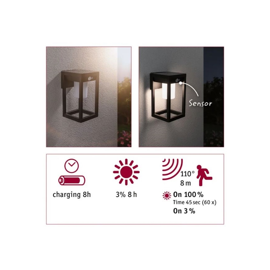 Paulmann 94572 -LED/5,5W IP44 Ηλιακή λάμπα τοίχου με αισθητήρα MARISOL 3,7V 2000 mAh