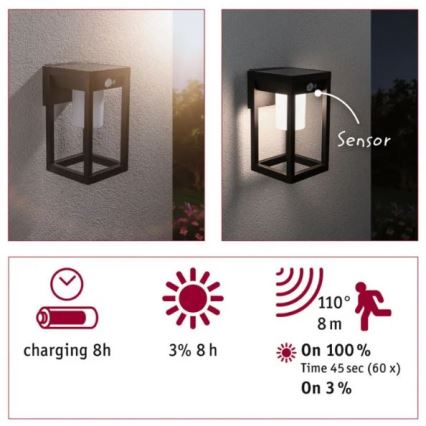 Paulmann 94572 -LED/5,5W IP44 Ηλιακή λάμπα τοίχου με αισθητήρα MARISOL 3,7V 2000 mAh