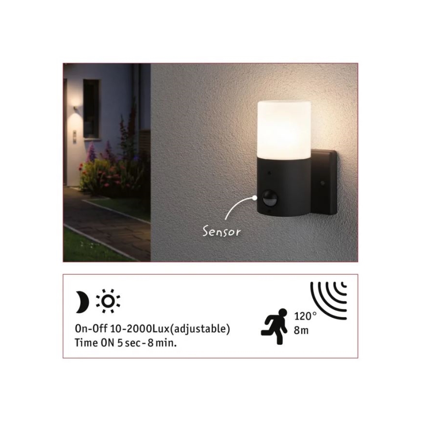 Paulmann 94648 - 1xE27/15W IP44 Φωτιστικό τοίχου εξωτερικού χώρου με αισθητήρα TUBS 230V