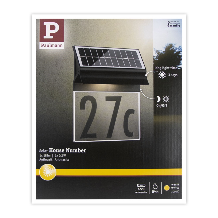Paulmann 94694 - LED/0,2W IP44 Ηλιακό φωτιστικό αριθμού κατοικίας NEDA 3,7V 1800 mAh