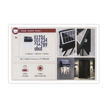 Paulmann 94694 - LED/0,2W IP44 Ηλιακό φωτιστικό αριθμού κατοικίας NEDA 3,7V 1800 mAh