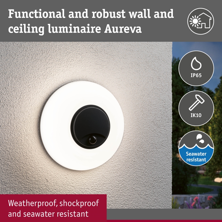 Paulmann 94956 - LED/20,5W IP65 Ρυθμιζόμενο εξωτερικό επιτοίχιο φωτιστικό με αισθητήρα κίνησης και αισθητήρα σούρουπου AUREVA 230V 2200/3000/4000K ανθρακί