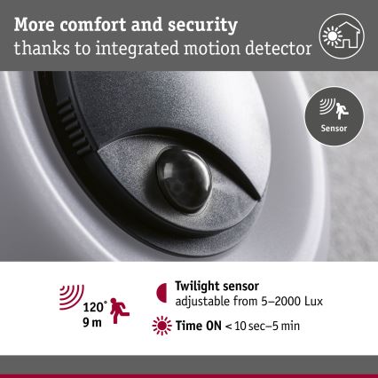 Paulmann 94956 - LED/20,5W IP65 Ρυθμιζόμενο εξωτερικό επιτοίχιο φωτιστικό με αισθητήρα κίνησης και αισθητήρα σούρουπου AUREVA 230V 2200/3000/4000K ανθρακί