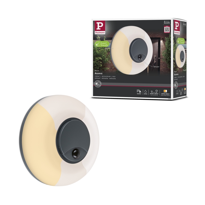 Paulmann 94956 - LED/20,5W IP65 Ρυθμιζόμενο εξωτερικό επιτοίχιο φωτιστικό με αισθητήρα κίνησης και αισθητήρα σούρουπου AUREVA 230V 2200/3000/4000K ανθρακί