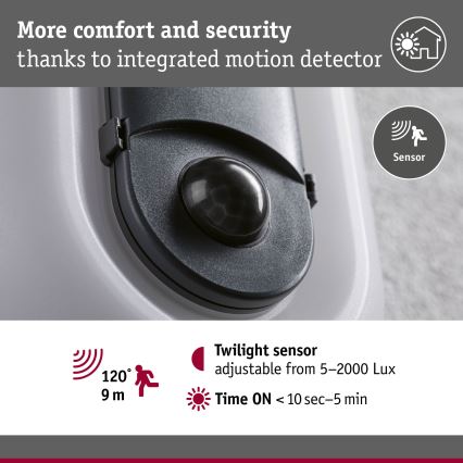 Paulmann 94958 - LED/18,5W IP65 Ρυθμιζόμενο εξωτερικό επιτοίχιο φωτιστικό με ανιχνευτή κίνησης και λυκόφωτος ELUNOR 230V 2200/3000/4000K ανθρακί
