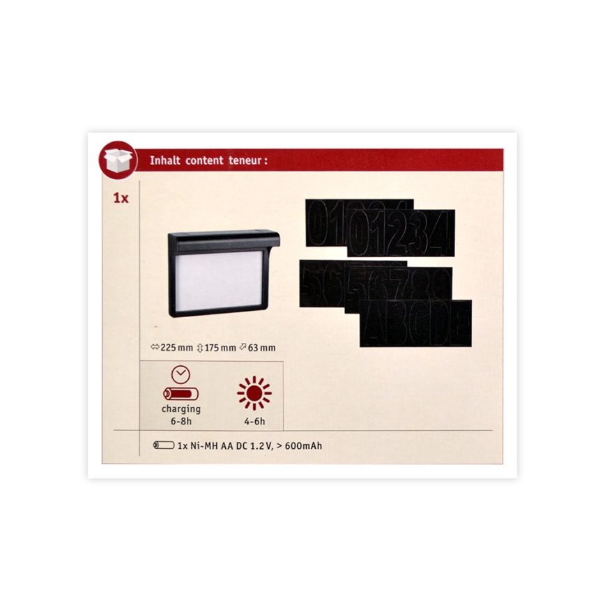 Paulmann 95388 - LED/0,05W IP44 Ηλιακό αριθμητικό πινακίδα με αισθητήρα DAYTON 1,2V 600 mAh