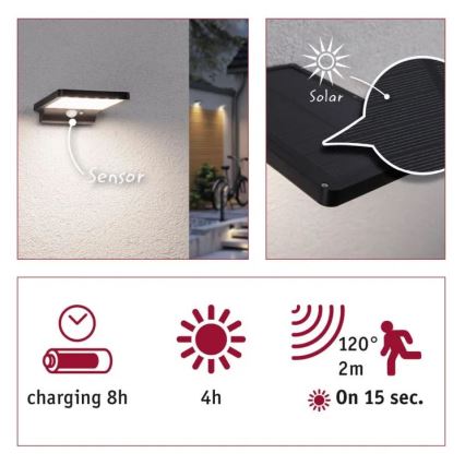 Paulmann 95393 - LED/4W IP44 Dimmable ηλιακό φωτιστικό τοίχου με αισθητήρα SOLVEIG 3,7V 2000 mAh