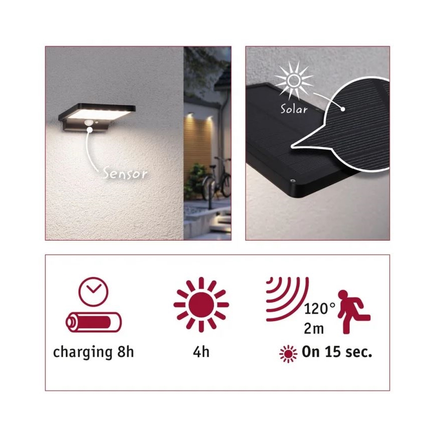 Paulmann 95393 - LED/4W IP44 Dimmable ηλιακό φωτιστικό τοίχου με αισθητήρα SOLVEIG 3,7V 2000 mAh