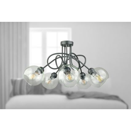 Πλαφονιέρα οροφής EVIE 5xE27/60W/230V ανθρακί/διαφανής