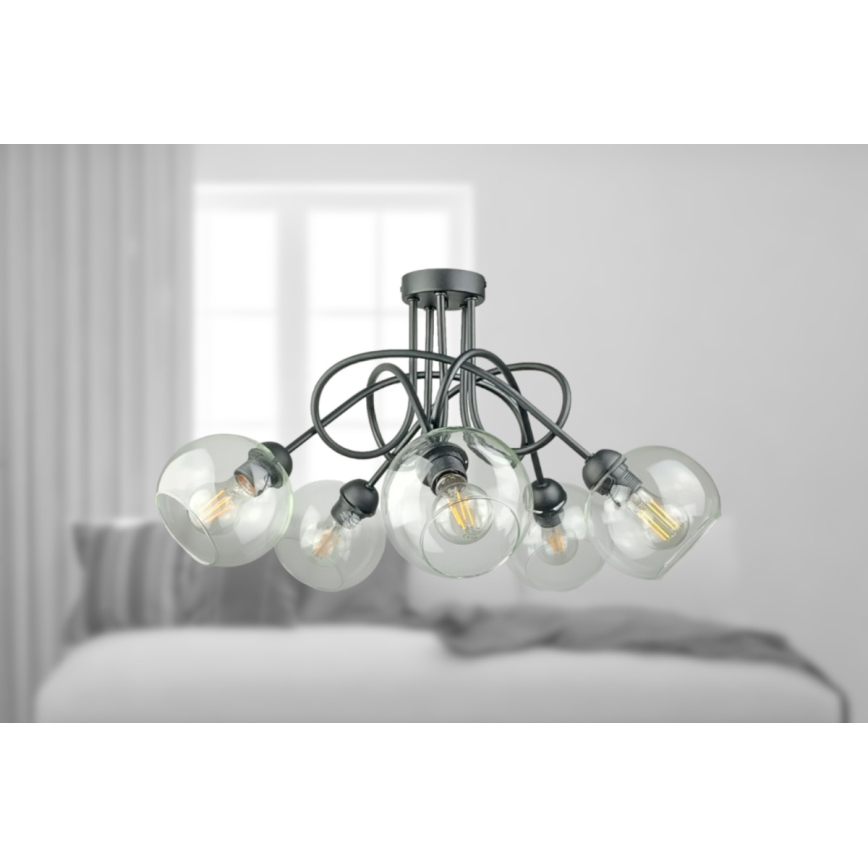 Πλαφονιέρα οροφής EVIE 5xE27/60W/230V ανθρακί/διαφανής