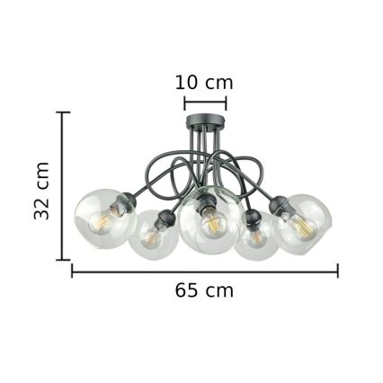 Πλαφονιέρα οροφής EVIE 5xE27/60W/230V ανθρακί/διαφανής