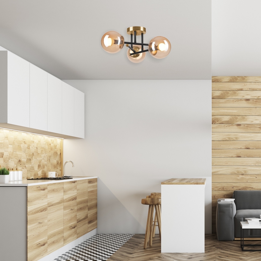 Πλαφονιέρα οροφής MALENA 3xE14/5W/230V χρυσό/μαύρο/φιμέ μπεζ