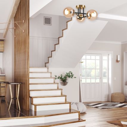 Πλαφονιέρα οροφής MALENA 3xE14/5W/230V χρυσό/μαύρο/φιμέ μπεζ