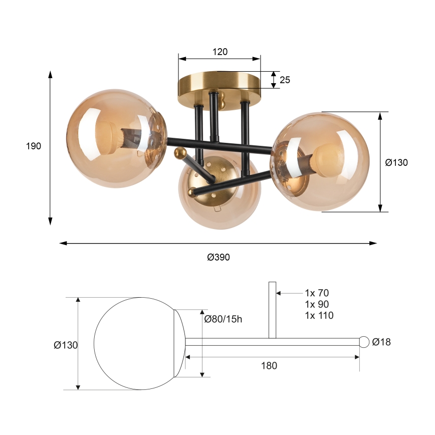 Πλαφονιέρα οροφής MALENA 3xE14/5W/230V χρυσό/μαύρο/φιμέ μπεζ