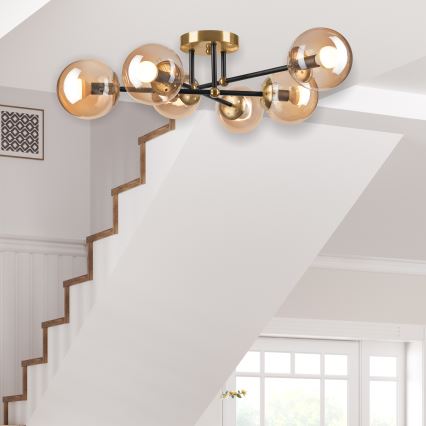 Πλαφονιέρα οροφής MALENA 6xE14/5W/230V χρυσό/μαύρο/φιμέ μπεζ