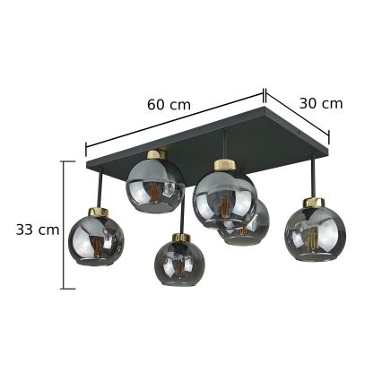 Πλαφονιέρα οροφής NESSA 6xE27/60W/230V μαύρο/χρυσό/φιμέ μαύρο