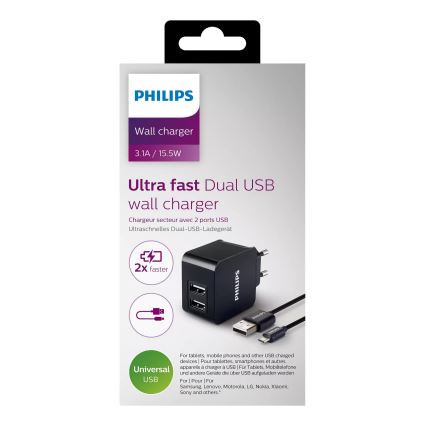 Philips DLP2307U/12 - Αντάπτορας φορτιστή 2xUSB/15,5W/230V + καλώδιο micro USB 1m