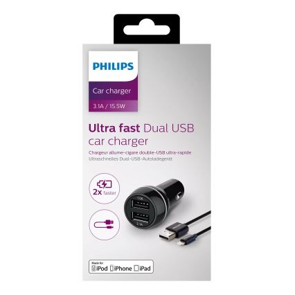 Philips DLP2357V/10 -Φορτιστής αυτοκινήτου 2xUSB/12V + καλώδιο USB/lightning connector