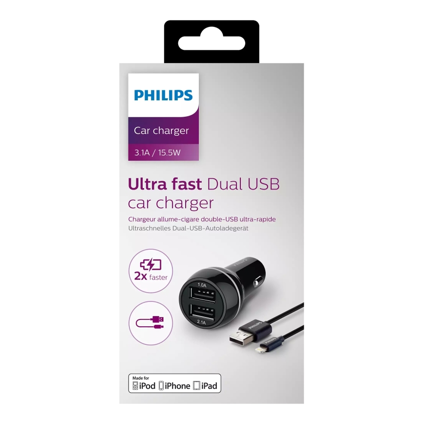 Philips DLP2357V/10 -Φορτιστής αυτοκινήτου 2xUSB/12V + καλώδιο USB/lightning connector