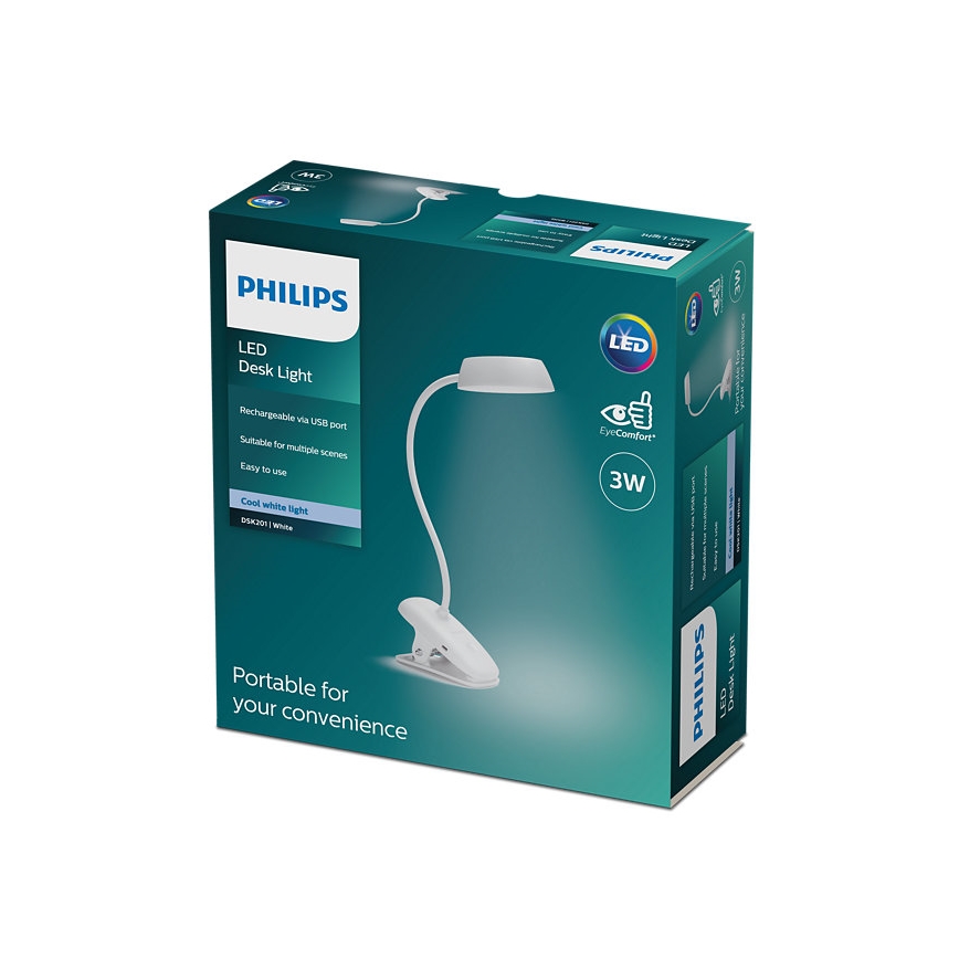 Philips - Ρυθμιζόμενος LED φωτισμός με κλιπ DONUTCLIP LED/3W/5V 1200 mAh CRI 90 λευκό