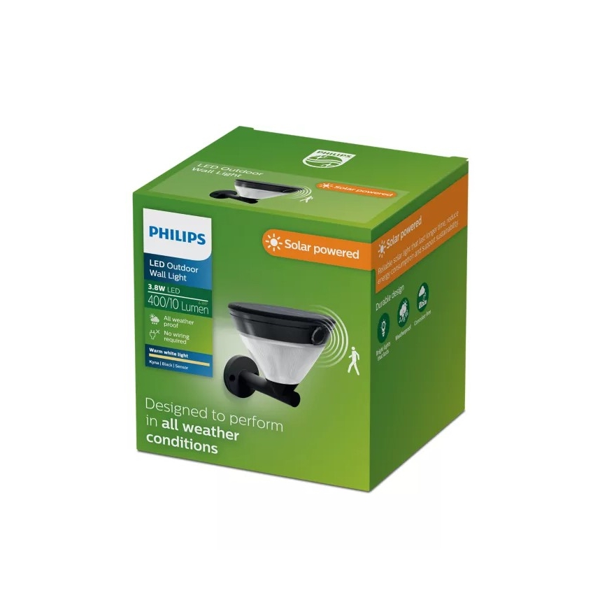 Philips - LED ηλιακό επιτοίχιο φωτιστικό με αισθητήρα KYNA LED/3,8W/3,7V 800 mAh 2700K IP44 μαύρο