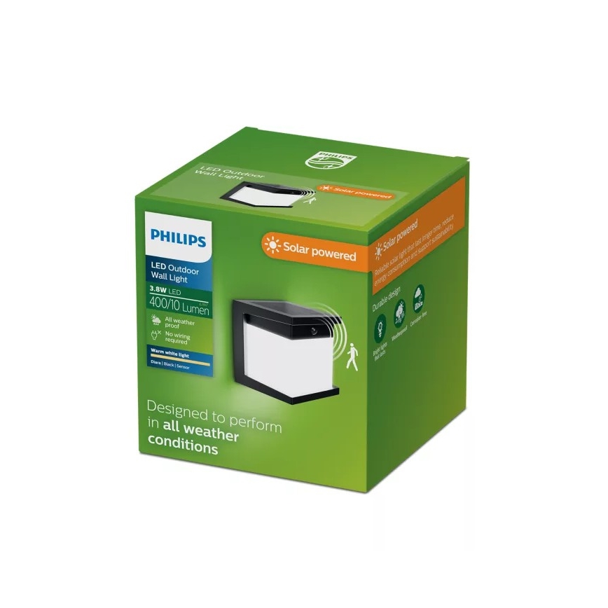 Philips - LED ηλιακό επιτοίχιο φωτιστικό με αισθητήρα DIARA LED/3,8W/3,7V 800 mAh 2700K IP44 μαύρο