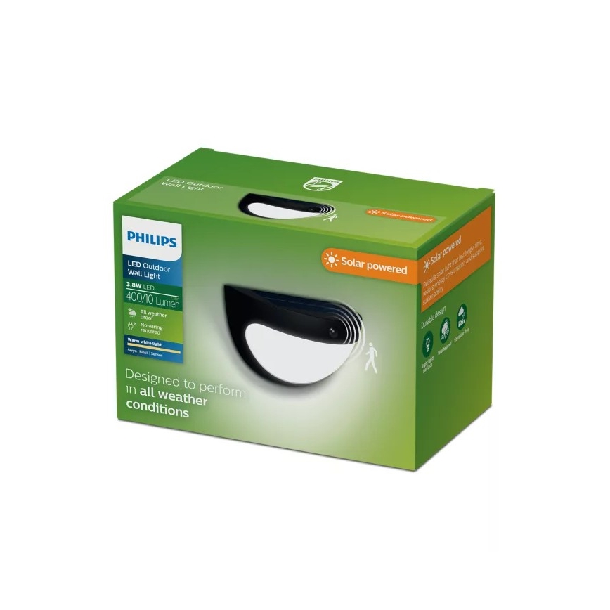 Philips - LED ηλιακό επιτοίχιο φωτιστικό με αισθητήρα SWYN LED/3,8W/3,7V 800 mAh 2700K IP44 μαύρο