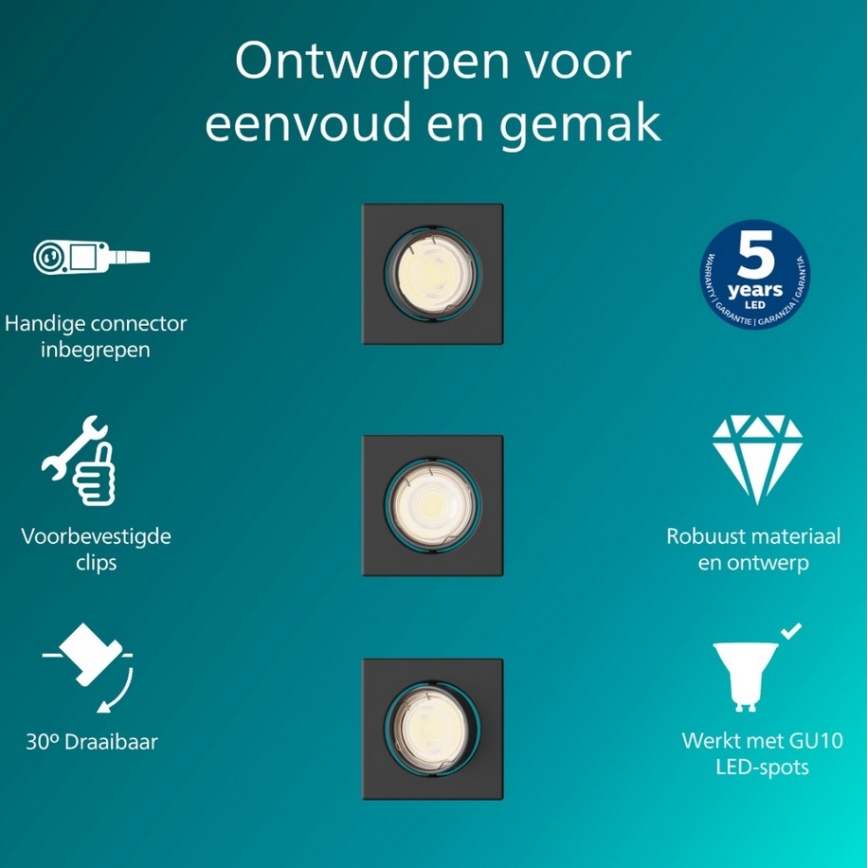 Philips - Σετ 3 τεμαχίων χωνευτών φωτιστικών οροφής PERIDOT 1xGU10/7W/230V μαύρο