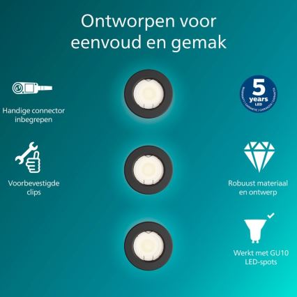 Philips - Σετ 3x Εντοιχισμένο φωτιστικό οροφής PERIDOT 1x GU10/7W/230V μαύρο