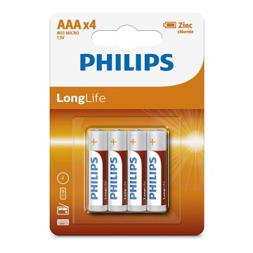 Philips R03L4B/10 - 4 τμχ Μπαταρία χλωριούχου ψευδαργύρου AAA LONGLIFE 1,5V 450mAh