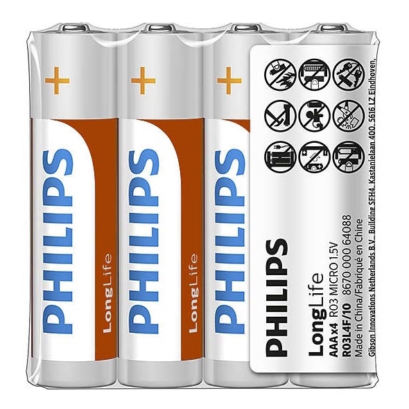Philips R03L4F/10 - 4 τμχ Μπαταρία χλωριούχου ψευδαργύρου AAA LONGLIFE 1,5V 450mAh
