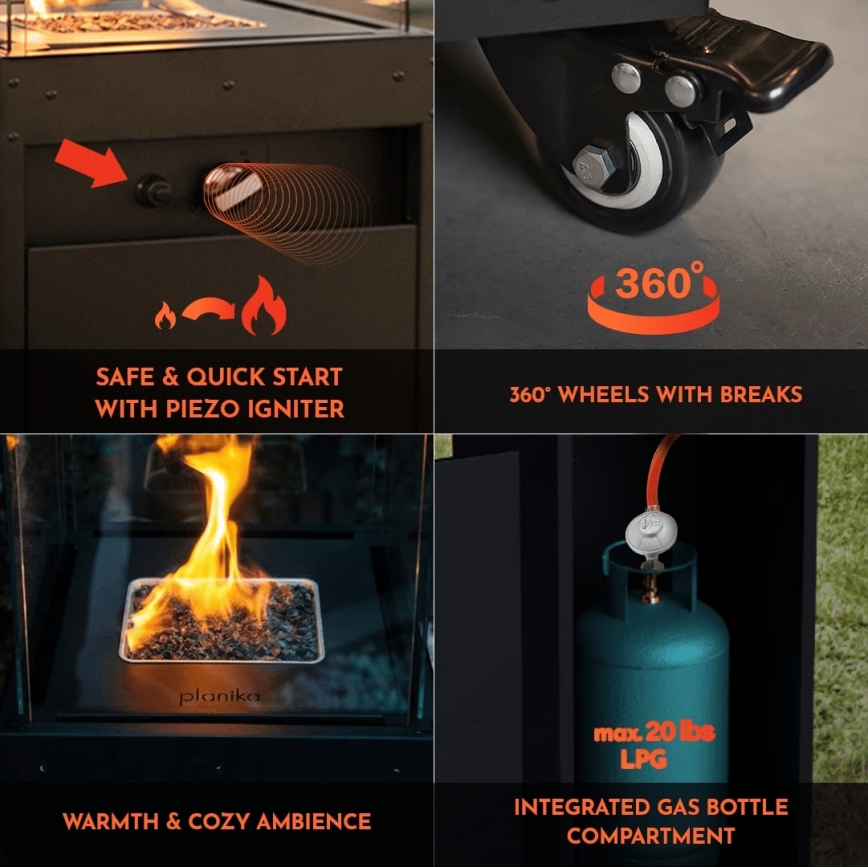 Planika - Τζάκι αερίου εξωτερικού χώρου 142x36 cm 8kW 1xAAA γκρι + προστατευτικό κάλυμμα