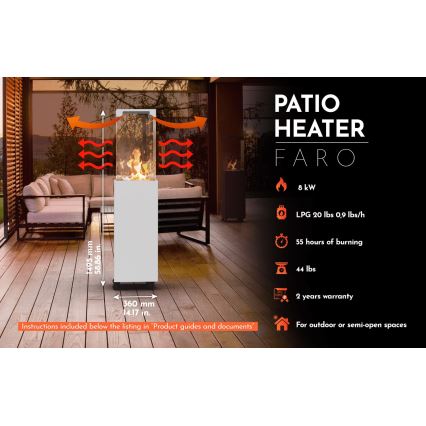 Planika - Υπαίθριο τζάκι αερίου 142x36 cm 8kW 1xAAA λευκό + προστατευτικό κάλυμμα