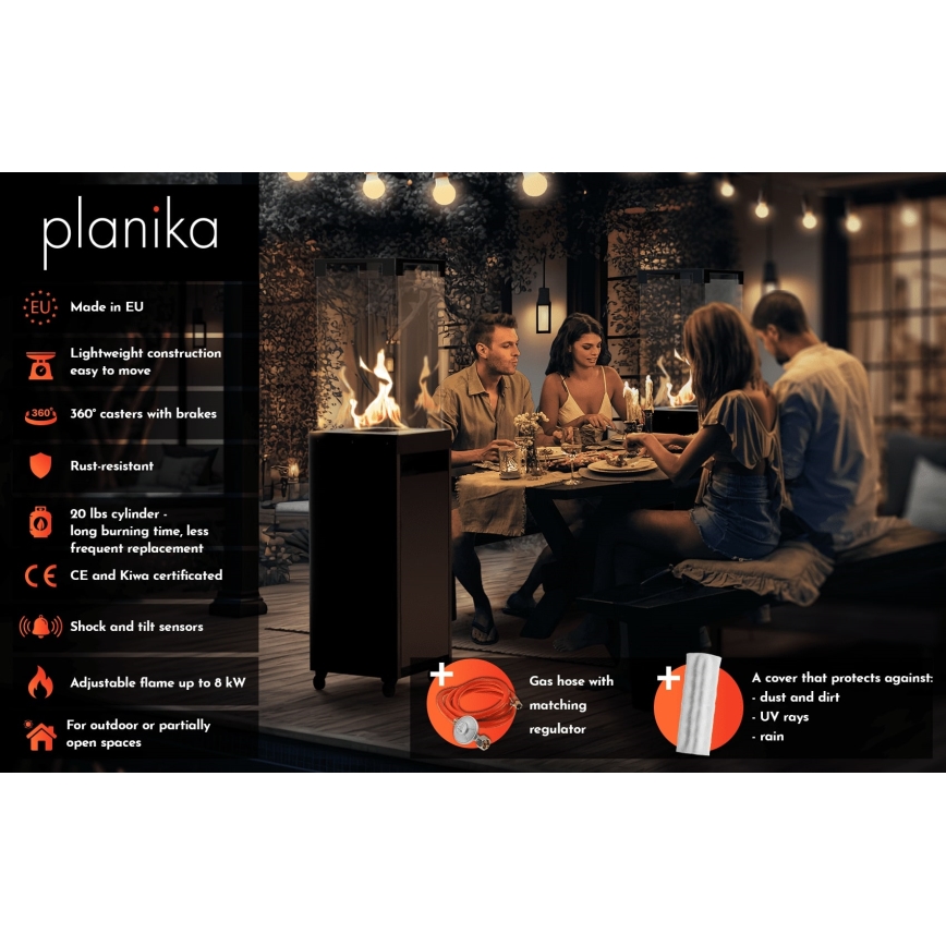 Planika - Τζάκι αερίου εξωτερικού χώρου 142x36 cm 8kW 1xAAA γκρι + προστατευτικό κάλυμμα