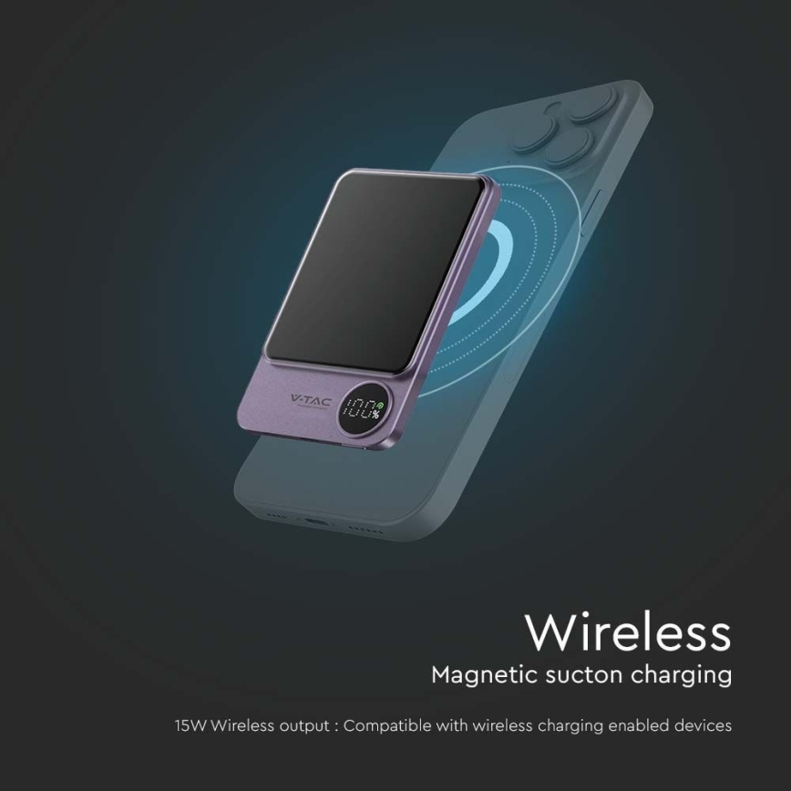 Power Bank με μαγνητική οθόνη Power Delivery 5000mAh/20W/5V μωβ