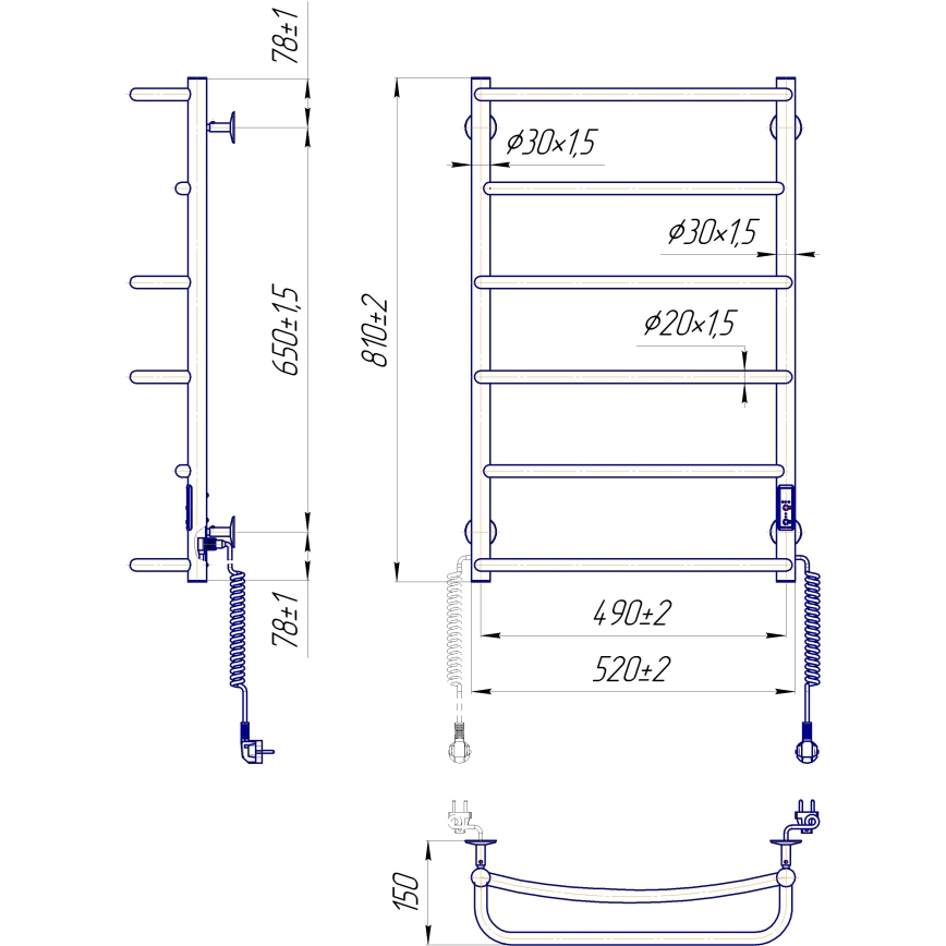 Πετσετοκρεμάστρα-καλοριφέρ μπάνιου LUX 105W/230V 81x52 cm, ανοξείδωτο/λευκό, δεξιά