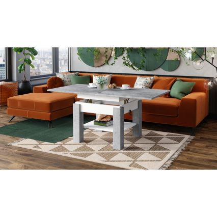 Πολυλειτουργικό επεκτεινόμενο τραπέζι σαλονιού/τραπεζαρίας CALEB με ανασηκούμενη επιφάνεια, γκρι μπετόν/λευκό