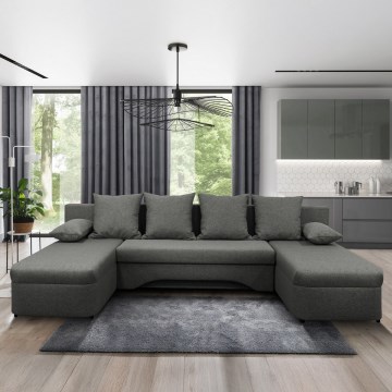 Πολυλειτουργικός γωνιακός καναπές σε σχήμα U ALMEIDA, αναδιπλούμενος σε κρεβάτι με αποθηκευτικό χώρο, ανθρακί