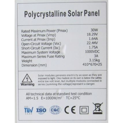 Πολυκρυσταλλικό φωτοβολταϊκό πάνελ 30W/12V
