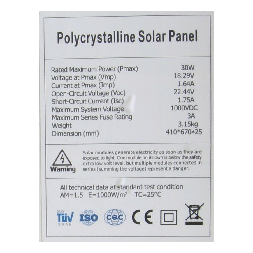Πολυκρυσταλλικό φωτοβολταϊκό πάνελ 30W/12V