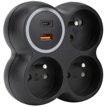 Πολύπριζο 3x 15A με θύρες USB A και C, μαύρο