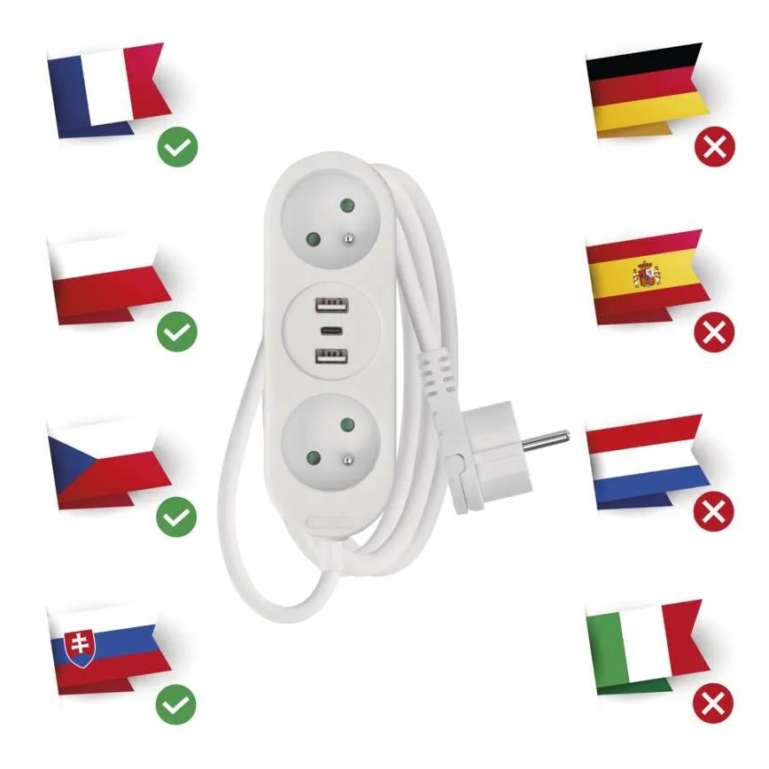 Πολύπριζο προέκτασης ρεύματος με 2 πρίζες, 2x USB-A και USB-C — μήκος καλωδίου 1,4 m