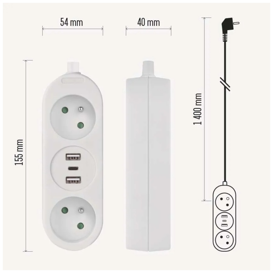 Πολύπριζο προέκτασης ρεύματος με 2 πρίζες, 2x USB-A και USB-C — μήκος καλωδίου 1,4 m
