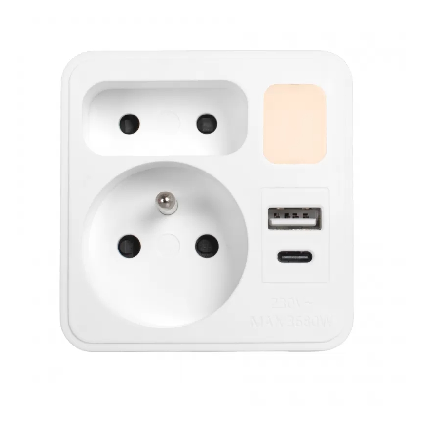 Πολύπριζο με 2 υποδοχές + USB-C + USB-A με ενσωματωμένο LED φωτισμό LED/0,5W/230V 3000K