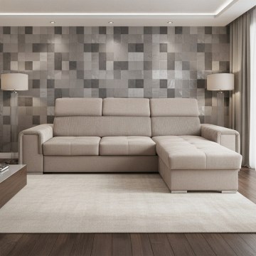 Πολυχρηστικός γωνιακός καναπές-κρεβάτι σε σχήμα L με αποθηκευτικό χώρο SALVADA μπεζ