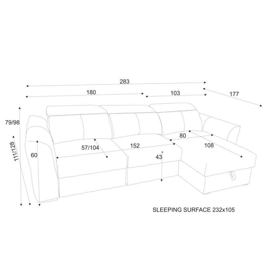 Αναστρέψιμος γωνιακός τριθέσιος καναπές-κρεβάτι με αποθηκευτικό χώρο TRENTO ανθρακί