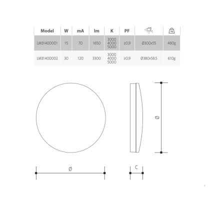 LED φωτιστικό οροφής για μπάνιο με ρύθμιση φωτεινότητας, 15W, 230V, 3000/4000/5000K, Ø 30 cm, IP54