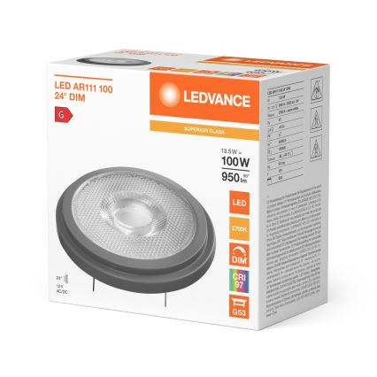 Ρυθμιζόμενος LED λαμπτήρας AR111 G53/13,5W/12V 2700K 24° CRI 97 - Ledvance